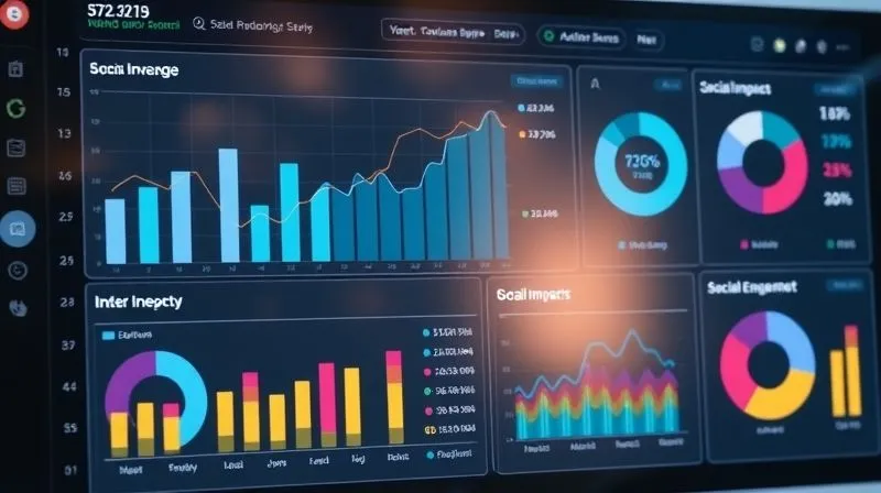 A photorealistic, detailed dashboard displaying a mix of financial charts (bar graphs, line graphs for revenue) and social impact metrics (pie charts for community engagement, growth indicators for local employment). The dashboard is clean, modern, and professional, with a subtle glow, 8K, cinematic lighting.