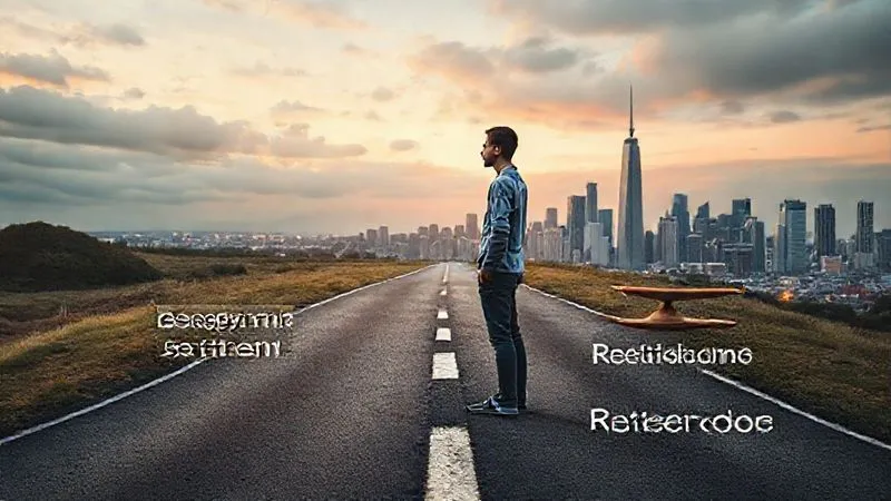 A photorealistic image of a person standing at a crossroads, one path labeled 'Emergency Fund' leading to a calm, secure shelter, and the other labeled 'Aggressive Retirement' leading to a vibrant, soaring city skyline. The person is looking thoughtfully at a balanced scale, symbolizing the dilemma. professional photography, 8K, cinematic lighting, sharp focus, depth of field, shot on a high-end DSLR.