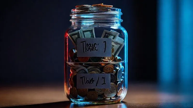 A photorealistic image depicting three distinct financial jars or containers, stacked or arranged in tiers. The bottom jar is labeled 'Tier 1: Cash' with dollar bills, the middle 'Tier 2: HYSA/CDs' with coins and bank cards, and the top 'Tier 3: Low-Vol Investments' with small stock certificates and bonds, all illuminated by soft, professional lighting. professional photography, 8K, cinematic lighting, sharp focus, depth of field, shot on a high-end DSLR.