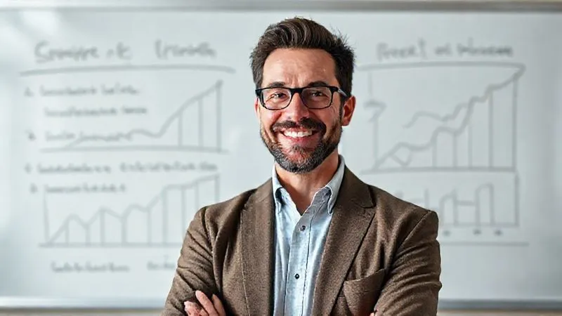 A photorealistic image of a financial expert or mentor, with a warm, encouraging smile, standing in front of a whiteboard filled with clear, actionable financial strategies and graphs showing balanced growth for both emergency funds and retirement savings. professional photography, 8K, cinematic lighting, sharp focus, depth of field, shot on a high-end DSLR.