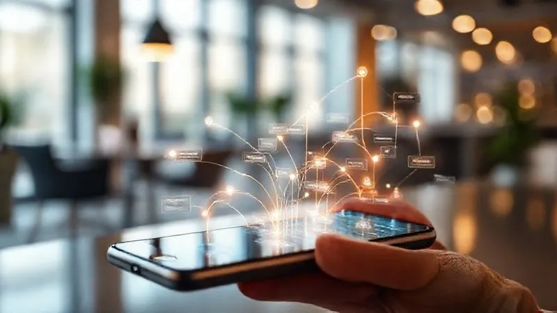 Photorealistic, professional photography, 8K, cinematic lighting, sharp focus, depth of field, shot on a high-end DSLR. A smooth, flowing digital user journey map overlaying a smartphone screen, with clear, glowing lines indicating effortless navigation through financial options. The background is a soft blur of a modern, inviting office space, emphasizing ease and efficiency. The overall mood is one of intuitive design and user satisfaction.