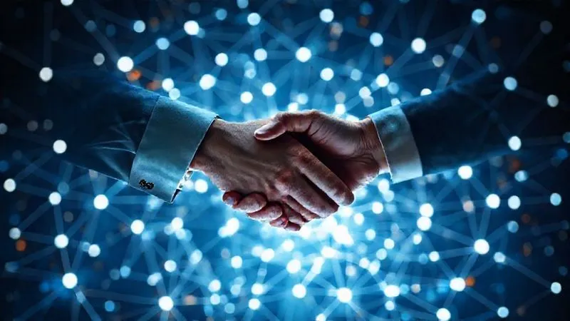Photorealistic, professional photography, 8K, cinematic lighting, sharp focus, depth of field, shot on a high-end DSLR. An intricate, glowing network of interconnected nodes representing various businesses and platforms, with central bright lines indicating seamless data flow and financial transactions. In the foreground, hands are shaking over a digital interface, symbolizing successful partnership and collaboration in a high-tech environment. The mood is one of synergy and shared growth.