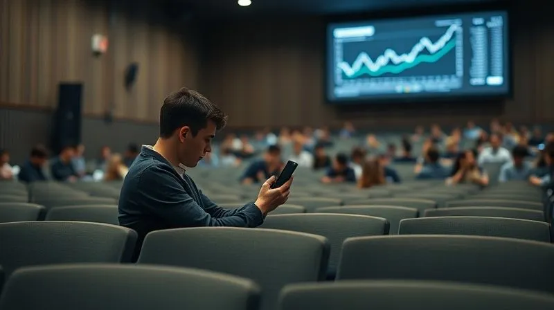 photorealistic, professional photography, 8K, cinematic lighting, sharp focus, depth of field, shot on a high-end DSLR, a single university student sitting alone in a large lecture hall, looking bored and distracted, scrolling on their phone, while a generic financial graph is projected on a screen in the background, dimly lit, conveying a sense of disengagement.