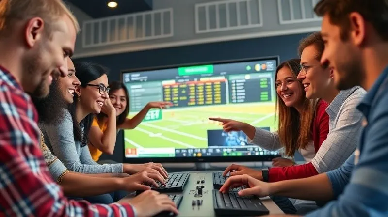 photorealistic, professional photography, 8K, cinematic lighting, sharp focus, depth of field, shot on a high-end DSLR, a group of diverse university students excitedly gathered around a large digital screen displaying a financial simulation game, hands on keyboards, some pointing and discussing strategy, vibrant colors and dynamic interaction, conveying active learning and engagement.
