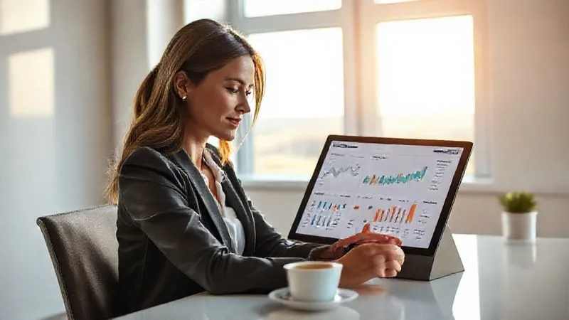 A photorealistic image of a professional woman calmly reviewing a financial dashboard on a tablet, with a serene expression. She is seated at a clean, minimalist desk with a cup of coffee, and a window shows a peaceful, sunlit landscape. The overall mood is one of control, peace, and clarity. Cinematic lighting, sharp focus on the woman and tablet, depth of field blurring the background, 8K hyper-detailed, professional photography.