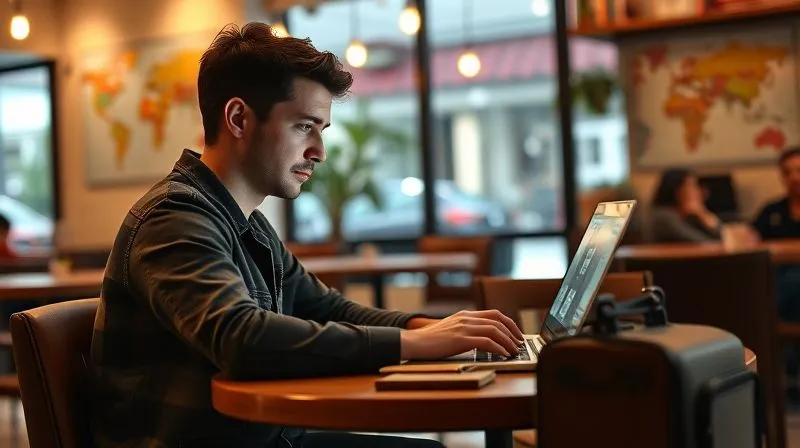 photorealistic, professional photography, 8K, cinematic lighting, sharp focus, depth of field, shot on a high-end DSLR. A person working diligently on a laptop at a cozy cafe, surrounded by subtle travel motifs like a world map or a small suitcase, symbolizing a flexible side hustle funding travel. The atmosphere is productive and aspirational, with warm, soft lighting.