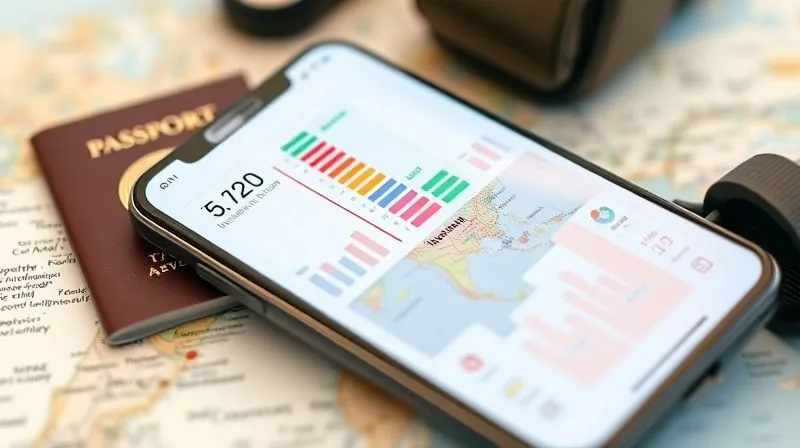 photorealistic, professional photography, 8K, cinematic lighting, sharp focus, depth of field, shot on a high-end DSLR. A clean, modern smartphone screen displaying a user-friendly budgeting app interface with colorful graphs and expense categories, overlayed on a map showing travel destinations. The background is slightly blurred with travel elements like a passport and a small backpack. The mood is organized and empowering.