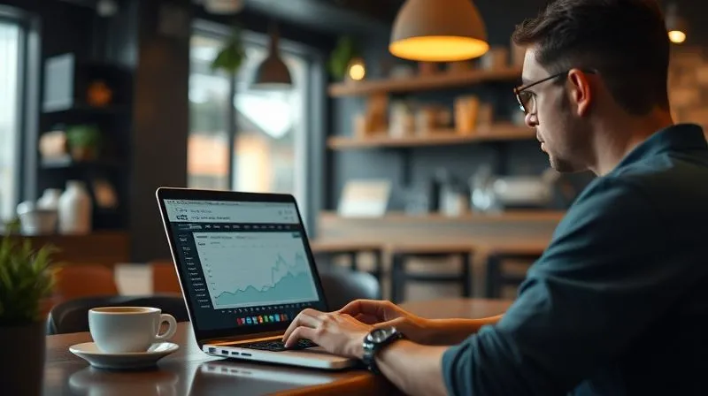 Photorealistic image of a person working on a laptop in a coffee shop, with a second screen showing a graph of income streams from various sources, cinematic lighting, sharp focus, depth of field, 8K hyper-detailed.