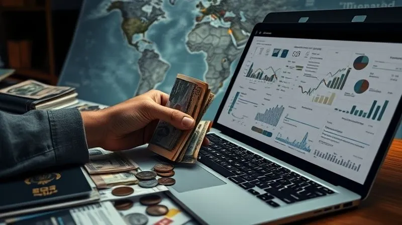 A photorealistic, professional photography, 8K, cinematic lighting, sharp focus, depth of field, shot on a high-end DSLR image of a person's hands meticulously organizing various currencies, travel documents, and a detailed spreadsheet on a laptop, surrounded by a world map. The atmosphere is one of focused planning and strategic financial management.