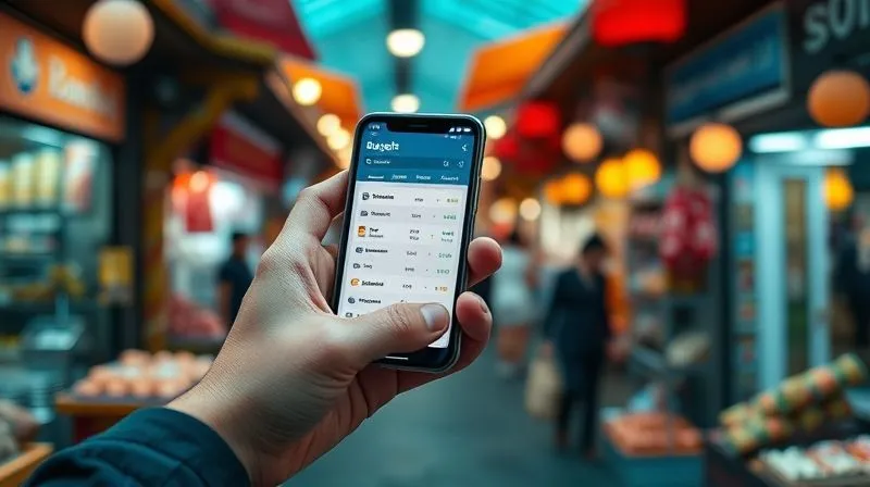 A photorealistic, professional photography, 8K, cinematic lighting, sharp focus, depth of field, shot on a high-end DSLR image of a person's hands holding a smartphone displaying a budget tracking app, with a vibrant, bustling local market in the blurred background. The focus is on the app's interface, showing categories like 'food', 'transport', and 'activities', conveying real-time financial management.