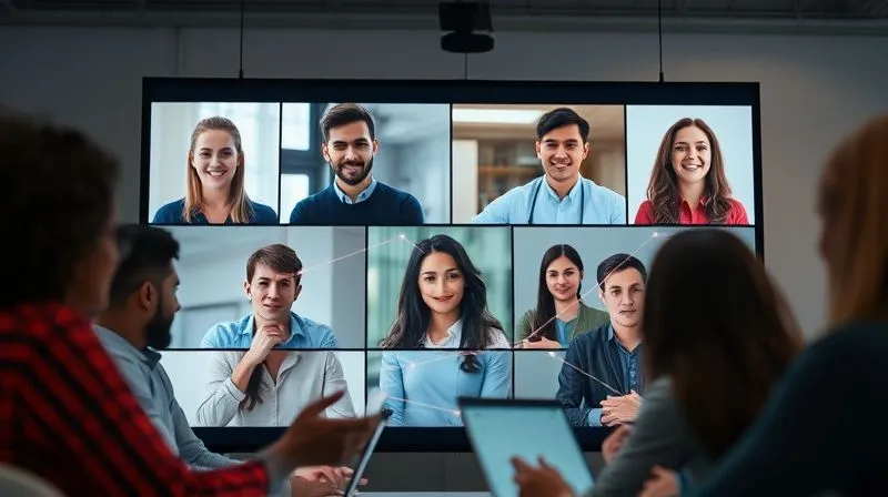 A photorealistic image of a diverse group of young professionals engaging in a virtual networking event. Each person is visible in a separate video call window on a large screen, with subtle glowing lines connecting them, symbolizing digital connections. The background is a modern, minimalist office setting, with soft, professional lighting. Sharp focus on the faces, depth of field blurring the individual backgrounds, 8K hyper-detailed, professional photography, shot on a high-end DSLR.