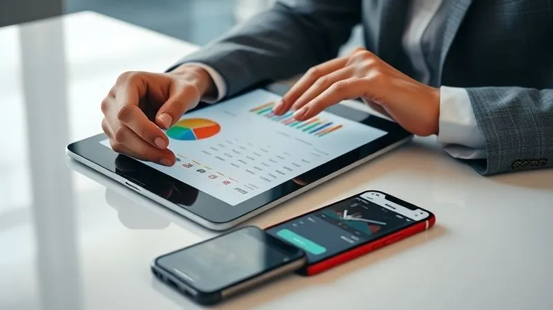 Photorealistic, professional photography, 8K, cinematic lighting, sharp focus, depth of field, shot on a high-end DSLR. A professional's hands are interacting with a sleek tablet displaying a vibrant budgeting app with pie charts, bar graphs, and categorized expenses. A modern smartphone lies nearby with a similar financial app open. The background is a clean, minimalist desk with a subtle blur, suggesting focused and efficient digital financial management.