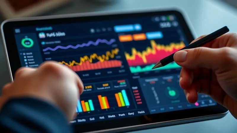 A photorealistic, professional photography, 8K image of a detailed financial dashboard on a sleek tablet screen, displaying colorful bar charts and line graphs tracking income fluctuations and categorized expenses over several months. The screen is in sharp focus, with a subtle depth of field blurring a hand holding a stylus, conveying data clarity and financial control. Cinematic lighting highlights the screen's glow.