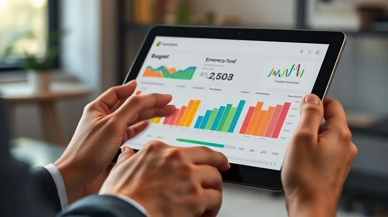 A photorealistic, professional photography, 8K image of a person's hands expertly interacting with a tablet displaying a sophisticated budgeting application. The app shows various colorful graphs of income and expenses, with a clear progress bar for an emergency fund. The background features a blurred, modern home office setting. Cinematic lighting highlights the hands and the tablet screen, conveying a sense of organized financial control through technology. Sharp focus, depth of field.