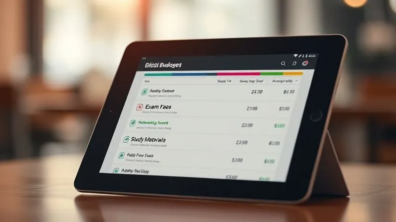 A photorealistic image of a digital budgeting app interface on a tablet, showing different 'envelopes' or categories like 'Exam Fees,' 'Networking Events,' 'Study Materials,' with progress bars filling up, cinematic lighting, sharp focus on the screen, depth of field blurring the background.