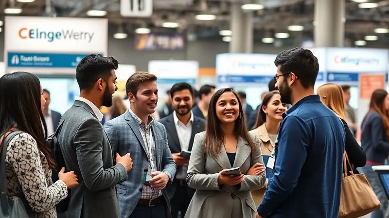A photorealistic image of a diverse group of young professionals and students engaged in lively conversation at a university career fair, with company booths in the background. The scene is bright and energetic, emphasizing connection and opportunity, shot with cinematic lighting and sharp focus.