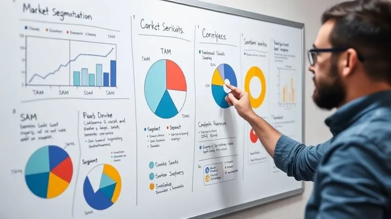 A photorealistic image of a whiteboard filled with market segmentation diagrams, pie charts showing TAM, SAM, SOM, and customer personas, with an entrepreneur pointing to a key segment, cinematic lighting, sharp focus on the whiteboard, depth of field blurring the background, 8K hyper-detailed, professional photography, shot on a high-end DSLR.