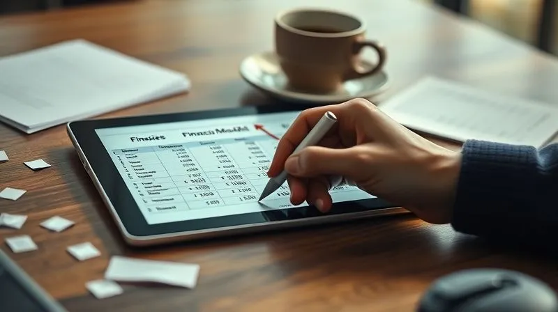 A photorealistic image of a hand using a stylus on a tablet displaying a financial model spreadsheet, with arrows indicating revisions and improvements. A coffee cup and scattered notes are on a desk in the background, cinematic lighting, sharp focus on the tablet and hand, depth of field blurring the background, 8K hyper-detailed, professional photography, shot on a high-end DSLR.