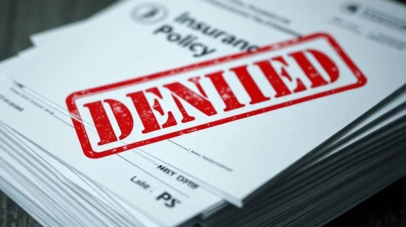 A close-up, photorealistic image of a stack of complex insurance policy documents with a red 'DENIED' stamp prominently visible, cinematic lighting, sharp focus on the stamp, depth of field blurring the background, 8K hyper-detailed.