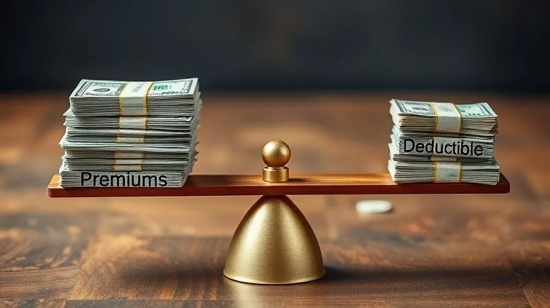 A photorealistic image of a financial seesaw, with a large stack of cash on one side labeled 'Premiums' and a smaller stack on the other labeled 'Deductible', demonstrating the inverse relationship. Cinematic lighting, sharp focus on the pivot point, 8K, professional photography, shot on a high-end DSLR, depth of field blurring the background.