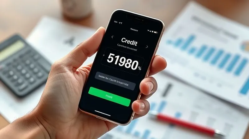 A photorealistic image of a hand holding a smartphone displaying a positive credit score, with a blurred background showing financial documents and a calculator. The scene is bright and optimistic, conveying clarity and control, 8K, cinematic lighting, sharp focus, depth of field, professional photography, shot on a high-end DSLR.