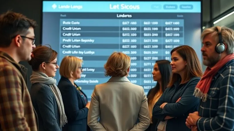 A photorealistic image showing a diverse group of people (representing various lenders like a bank executive, a credit union advisor, and a tech-savvy online lender representative) standing in front of a digital interface displaying loan offers. The scene conveys a sense of choice and careful consideration, with subtle nods to financial security and modern technology. 8K, cinematic lighting, sharp focus, depth of field, professional photography, shot on a high-end DSLR.