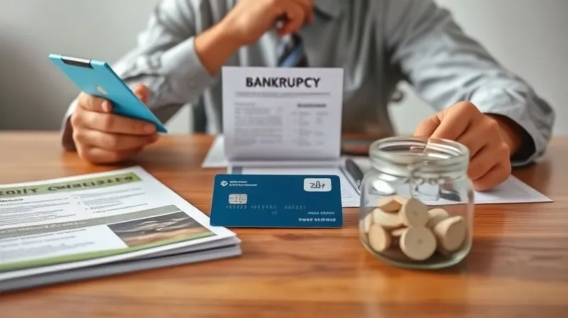 A photorealistic image depicting various financial tools and options laid out on a table: a credit counseling brochure, a balance transfer credit card, a small savings jar, and a bankruptcy notice subtly placed in the background. The foreground shows a person thoughtfully considering these choices, with a professional and empathetic tone. 8K, cinematic lighting, sharp focus, depth of field, professional photography, shot on a high-end DSLR.