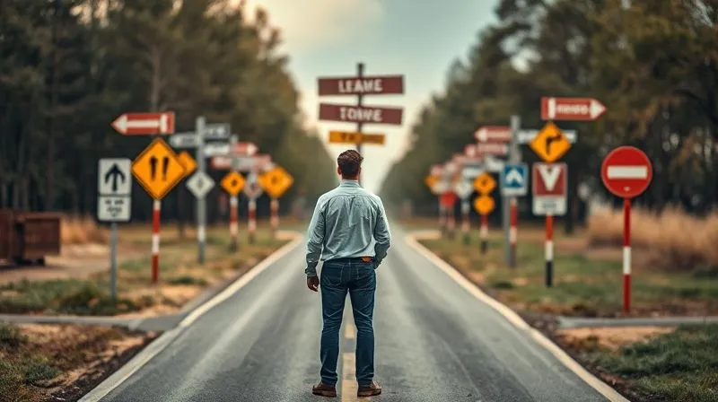 A photorealistic image of a person standing at a crossroads with multiple confusing signs, symbolizing common financial mistakes and the need for clear guidance. The path ahead is slightly blurred, emphasizing uncertainty, 8K, cinematic lighting, sharp focus, depth of field, shot on a high-end DSLR.