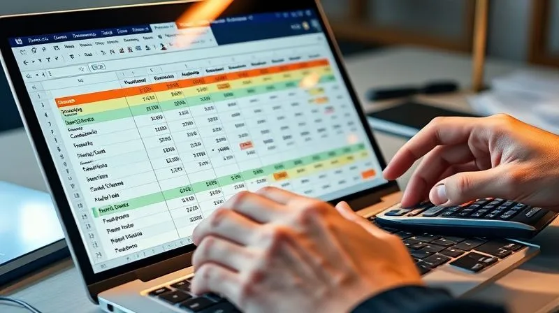 photorealistic, professional photography, 8K, cinematic lighting, sharp focus, depth of field, shot on a high-end DSLR. A detailed, colorful spreadsheet on a laptop screen, showing budget categories like 'Income', 'Fixed Expenses', 'Variable Expenses', with numbers being adjusted and highlighted. Hands are on a keyboard, a calculator nearby. The lighting is bright and analytical, suggesting focused financial planning.