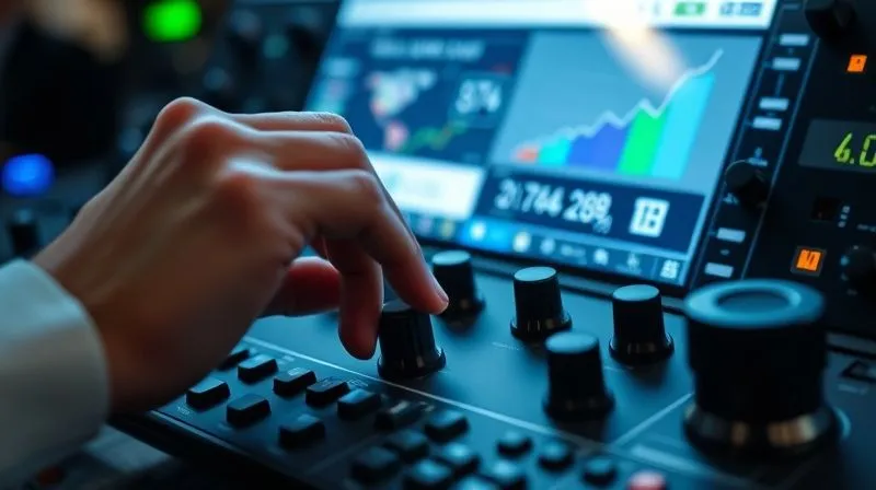 A photorealistic image of a hand carefully adjusting dials on a complex financial control panel, with a blurred background of a healthcare marketplace website on a screen. The focus is on precision and strategic decision-making. 8K, cinematic lighting, sharp focus, depth of field, shot on a high-end DSLR.