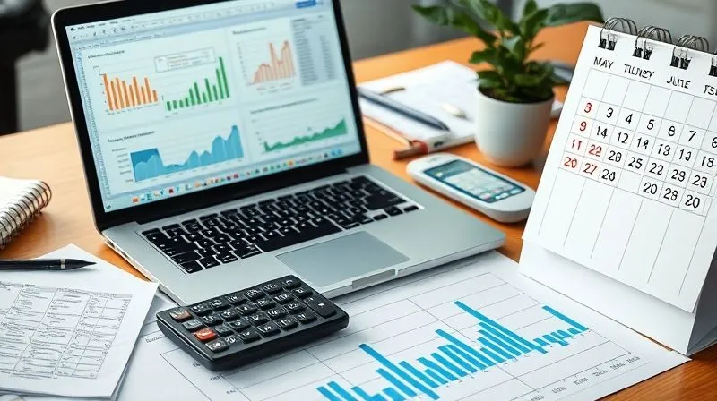 A photorealistic image of a financial planner's desk with a laptop displaying complex spreadsheets and charts, a calculator, and a calendar with key dates highlighted. The scene emphasizes meticulous planning and strategic financial management for long-term goals. 8K, cinematic lighting, sharp focus, depth of field, shot on a high-end DSLR.