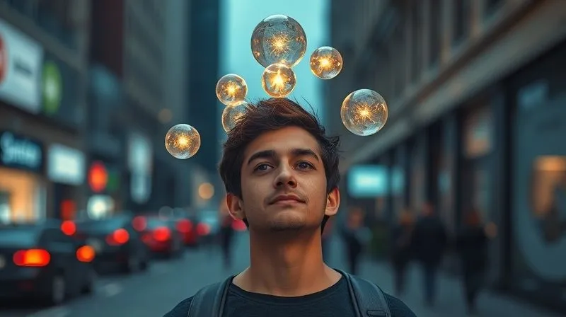 A photorealistic image of a person balancing multiple glowing orbs (representing different income streams) effortlessly, with a serene expression, against a blurred background of a busy city street. Cinematic lighting, sharp focus on the person and orbs, depth of field, 8K hyper-detailed, shot on a high-end DSLR.