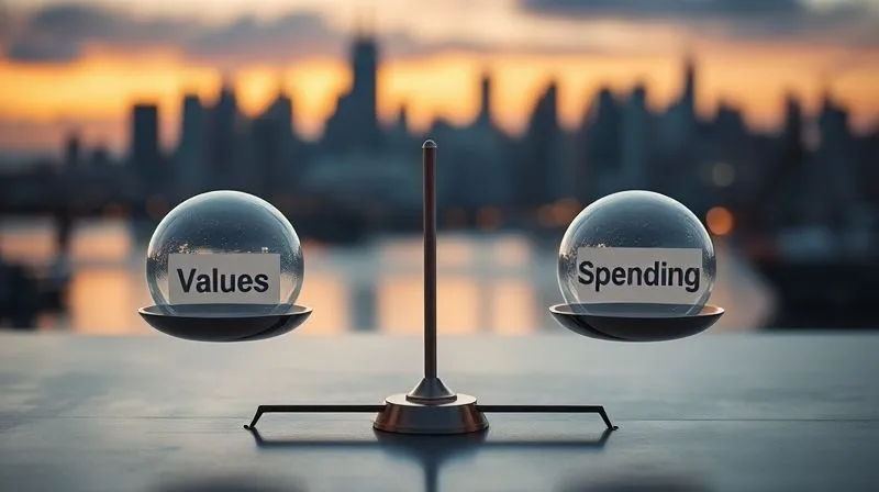 A photorealistic image of a balanced scale, with "Values" on one side and "Spending" on the other, perfectly aligned. In the background, a blurred image of a cityscape at dawn. Cinematic lighting, 8K, professional photography.