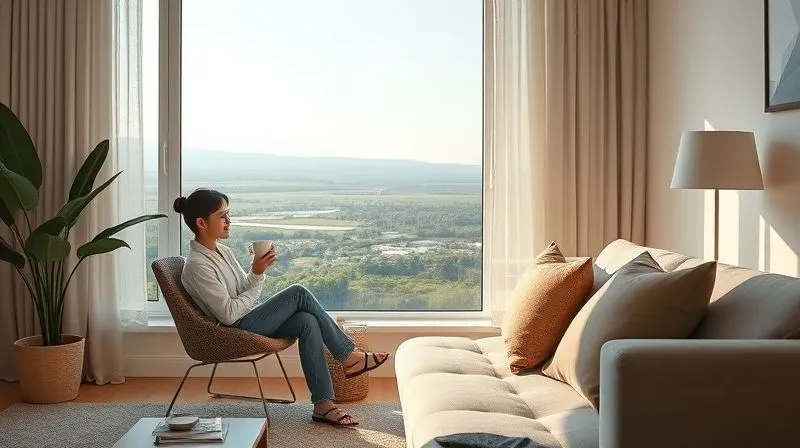 A photorealistic image of a person sitting peacefully in a well-maintained, minimalist living room, enjoying a cup of coffee while looking out at a serene landscape through a large window. The atmosphere is calm and content. Cinematic lighting, 8K, professional photography.