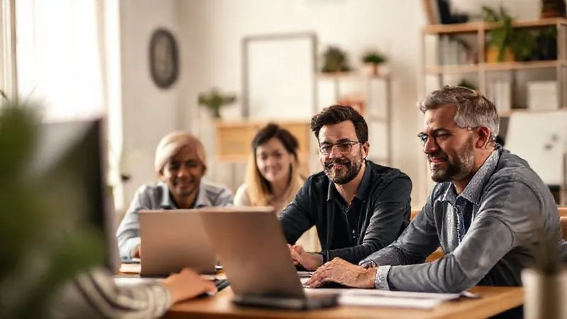 Photorealistic, professional photography, 8K, cinematic lighting, sharp focus, depth of field, shot on a high-end DSLR. A diverse group of professionals collaborating seamlessly on a video call, each in their individual, comfortable home office setups. The background is blurred to emphasize connection, with a sense of productivity and efficiency.