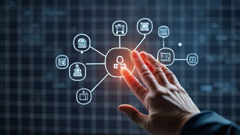 Photorealistic, professional photography, 8K, cinematic lighting, sharp focus, depth of field, shot on a high-end DSLR. A clean, minimalist diagram showing interconnected software icons, with several 'redundant' or 'unused' icons being pruned away by a digital hand, symbolizing efficient tech stack management. The background is a subtle grid representing data flow.