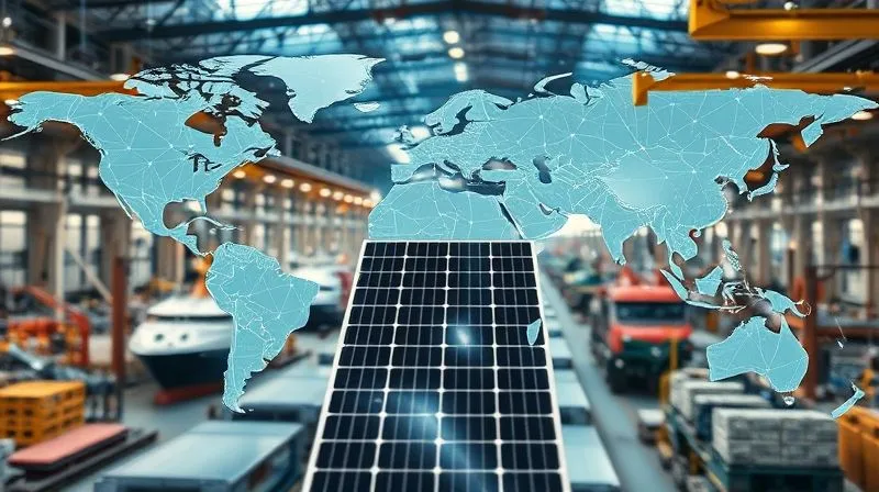 A photorealistic, intricate visual representation of a global supply chain for clean energy components, showing interconnected nodes, ships, and factories, with faint lines illustrating material flow. The central focus is on a solar panel or wind turbine blade in an assembly plant. Cinematic lighting, sharp focus, depth of field, 8K hyper-detailed, professional photography, shot on a high-end DSLR.