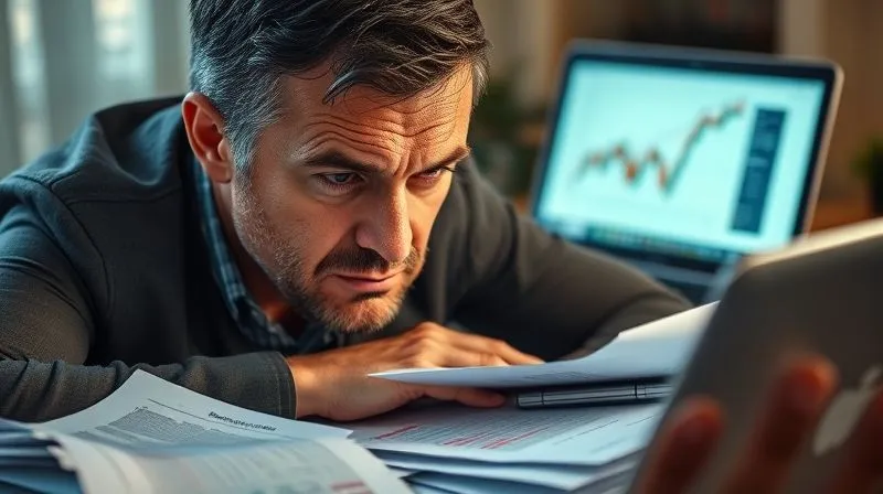 A photorealistic image of an investor with a furrowed brow, looking intently at a pile of financial documents, some highlighted with red markers, scattered on a desk. A laptop in the background shows a generic 'green' marketing image. Cinematic lighting, sharp focus on the documents, depth of field, 8K hyper-detailed, professional photography, shot on a high-end DSLR.