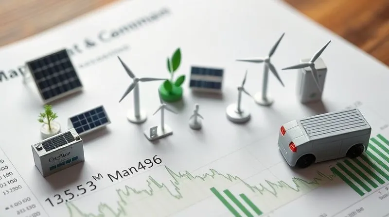 A photorealistic, balanced composition showing a diverse array of miniature clean energy symbols (solar panels, wind turbines, electric car chargers, energy storage batteries) meticulously arranged on a financial ledger or balance sheet, representing a well-diversified and genuinely green investment portfolio. Cinematic lighting, sharp focus, depth of field, 8K hyper-detailed, professional photography, shot on a high-end DSLR.