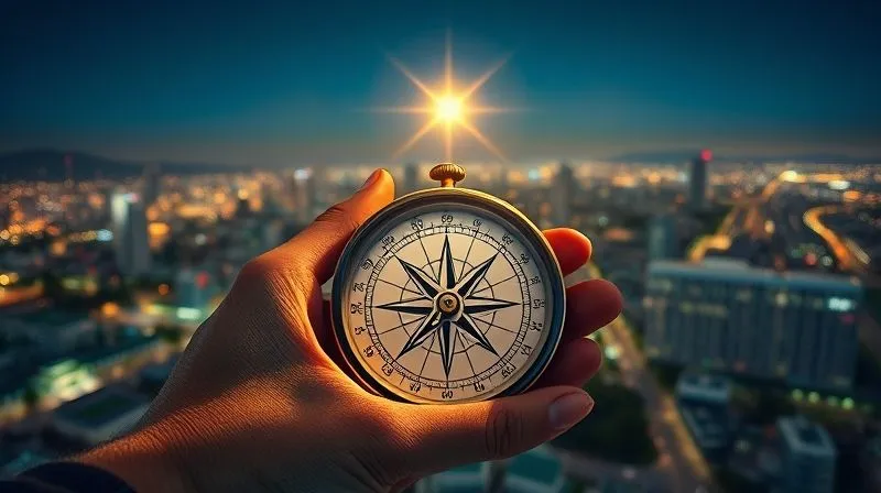 A photorealistic image of a person's hand holding a compass, with the needle pointing towards a radiant, glowing 'True North' star in a clear night sky. The background shows a diverse, thriving cityscape with green infrastructure and clean energy, symbolizing ethical progress. Cinematic lighting, sharp focus on the compass and star, depth of field blurring the background, 8K hyper-detailed, professional photography, shot on a high-end DSLR.