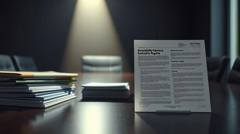 A photorealistic image showing a dimly lit corporate boardroom table, with a stack of glossy, colorful sustainability reports on one side, and a single, faded, complex legal document on the other, partially obscured by shadow. A strong, focused beam of light illuminates the legal document, while the reports remain in softer, less revealing light. Shot on a high-end DSLR, 8K, cinematic lighting, sharp focus on the legal document, depth of field blurring the background.