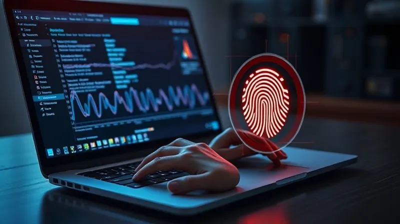 photorealistic, professional photography, 8K, cinematic lighting, sharp focus, depth of field, shot on a high-end DSLR, a transparent digital overlay showing a user's unique typing rhythm and mouse movements on a laptop screen, with a biometric fingerprint icon glowing subtly, representing behavioral analytics in action, secure and futuristic ambiance.