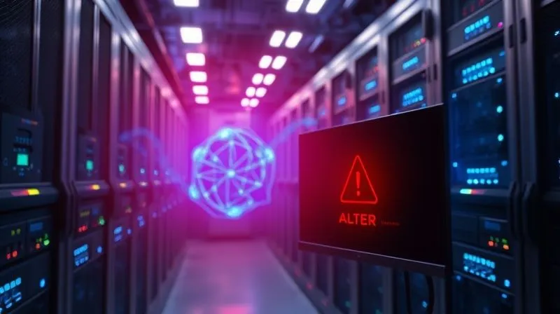 photorealistic, professional photography, 8K, cinematic lighting, sharp focus, depth of field, shot on a high-end DSLR, a complex server rack with glowing blue lights, a digital network overlay showing data flowing securely, with a red alert icon appearing on a monitor in the foreground, representing integrated network and endpoint security detecting a threat.