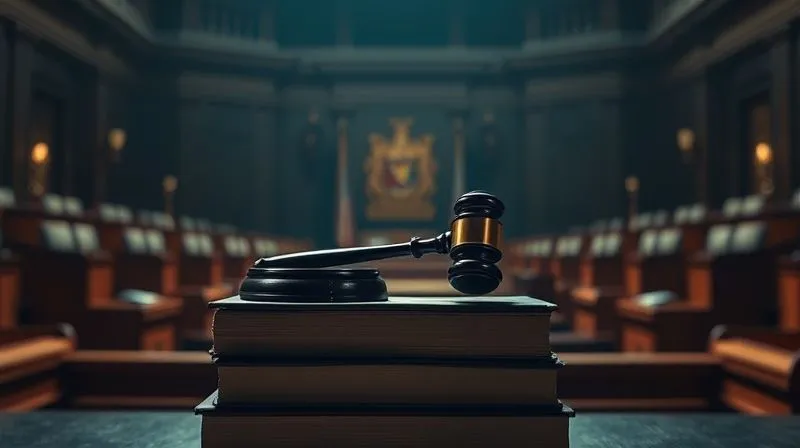 A photorealistic, professional image of a gavel resting on a stack of law books in a dimly lit courtroom, with a sense of gravity and importance. Cinematic lighting casts dramatic shadows, sharp focus on the gavel, depth of field blurring the background of empty jury boxes. 8K hyper-detailed, shot on a high-end DSLR.