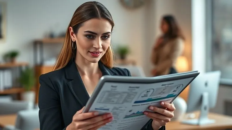 A photorealistic image of a professional woman, looking confident and in control, reviewing a detailed project plan on a tablet, surrounded by a subtle, organized office environment. Cinematic lighting illuminates her face, sharp focus on her and the tablet, depth of field blurring the background. 8K hyper-detailed, professional photography, shot on a high-end DSLR.