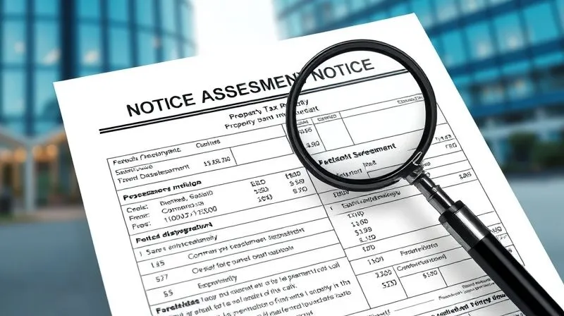 A photorealistic image of a commercial property tax assessment notice with various numbers and property details, overlaid with a magnifying glass highlighting a discrepancy. The background shows blurred commercial buildings. Professional photography, 8K, cinematic lighting, sharp focus on the document, depth of field, shot on a high-end DSLR.