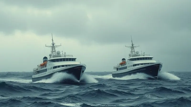 A photorealistic, professional photography, 8K, cinematic lighting, sharp focus, depth of field. A visual metaphor for economic turmoil: a stormy sea with two ships, one representing 'Equities' and the other 'Bonds', both struggling against simultaneous high waves (inflation) and strong headwinds (stagnation), emphasizing their shared vulnerability.