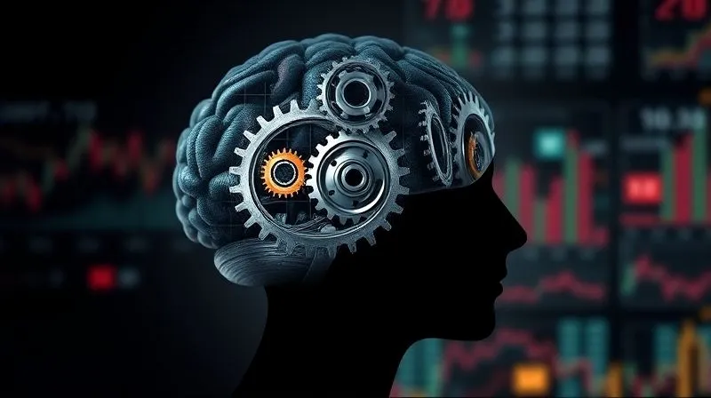 A photorealistic abstract image depicting cognitive biases in investing: a human brain silhouette with intertwined gears and distorted reflections of stock charts and money symbols, illustrating irrational decision-making, professional photography, 8K, cinematic lighting, sharp focus, depth of field.