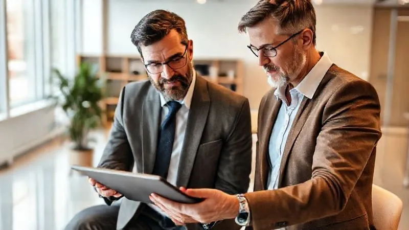 A photorealistic image of a financial advisor and a client reviewing a complex financial chart on a tablet, with a focused expression, representing strategic planning and risk mitigation. The background is a modern, clean office. Cinematic lighting, sharp focus on the tablet and faces, depth of field blurring the office. 8K hyper-detailed, shot on a high-end DSLR, professional photography.