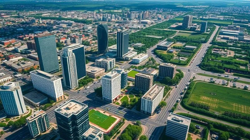 A photorealistic aerial view of a vibrant, redeveloping urban landscape with modern buildings and green spaces, symbolizing 'Opportunity Zones', with a subtle digital overlay of financial graphs showing growth, cinematic lighting, sharp focus on the urban development, depth of field blurring the distant horizon, 8K hyper-detailed, professional photography, shot on a high-end DSLR.